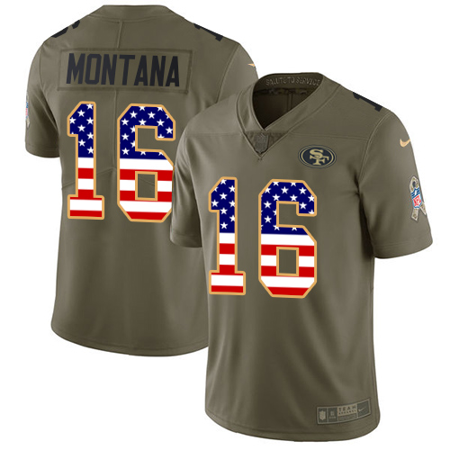 Nike 49ers #16 Joe Montana Olive/USA Flag Youth Stitched NFL Limited Salute to Service Jersey
